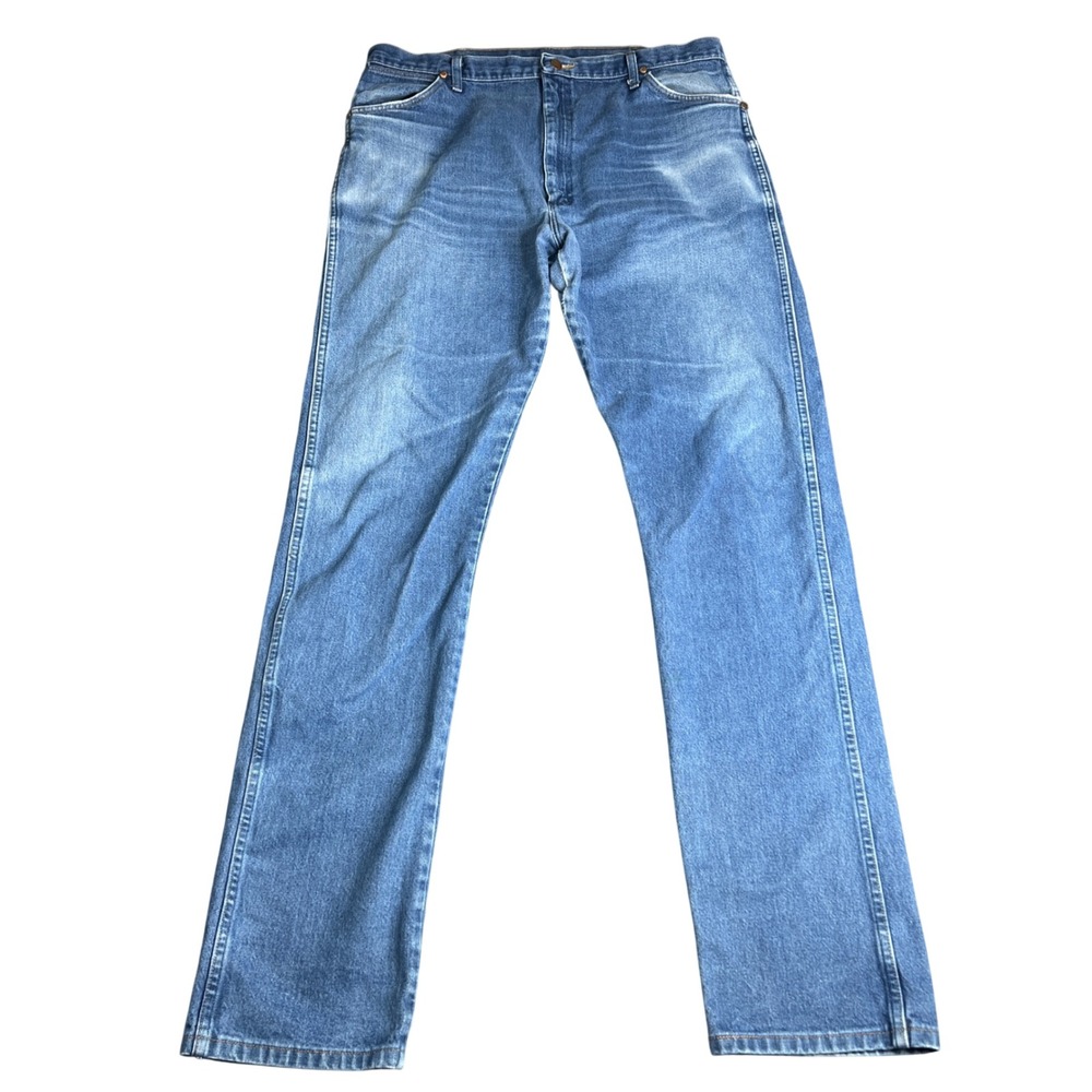 Wrangler 13MWZXS Cowboy Cut Mens Blue Straight Leg Jeans 42x40 Distressed